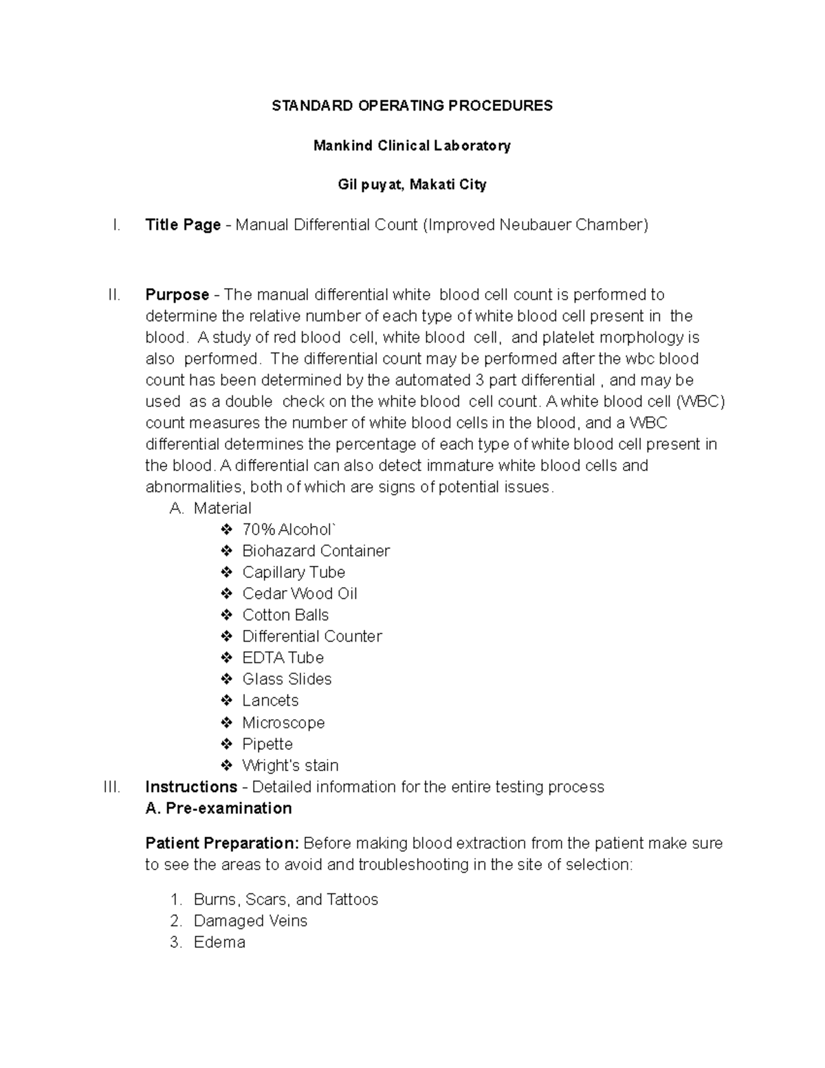 Standard Operating Procedures Manual Differential Count (Improved