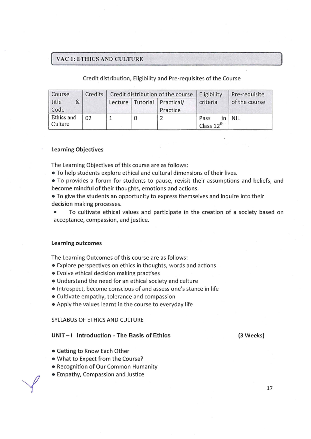 VACEthics and Culture Syllabus [ VAC 1 ETIDCS AND CULTURE ] Credit