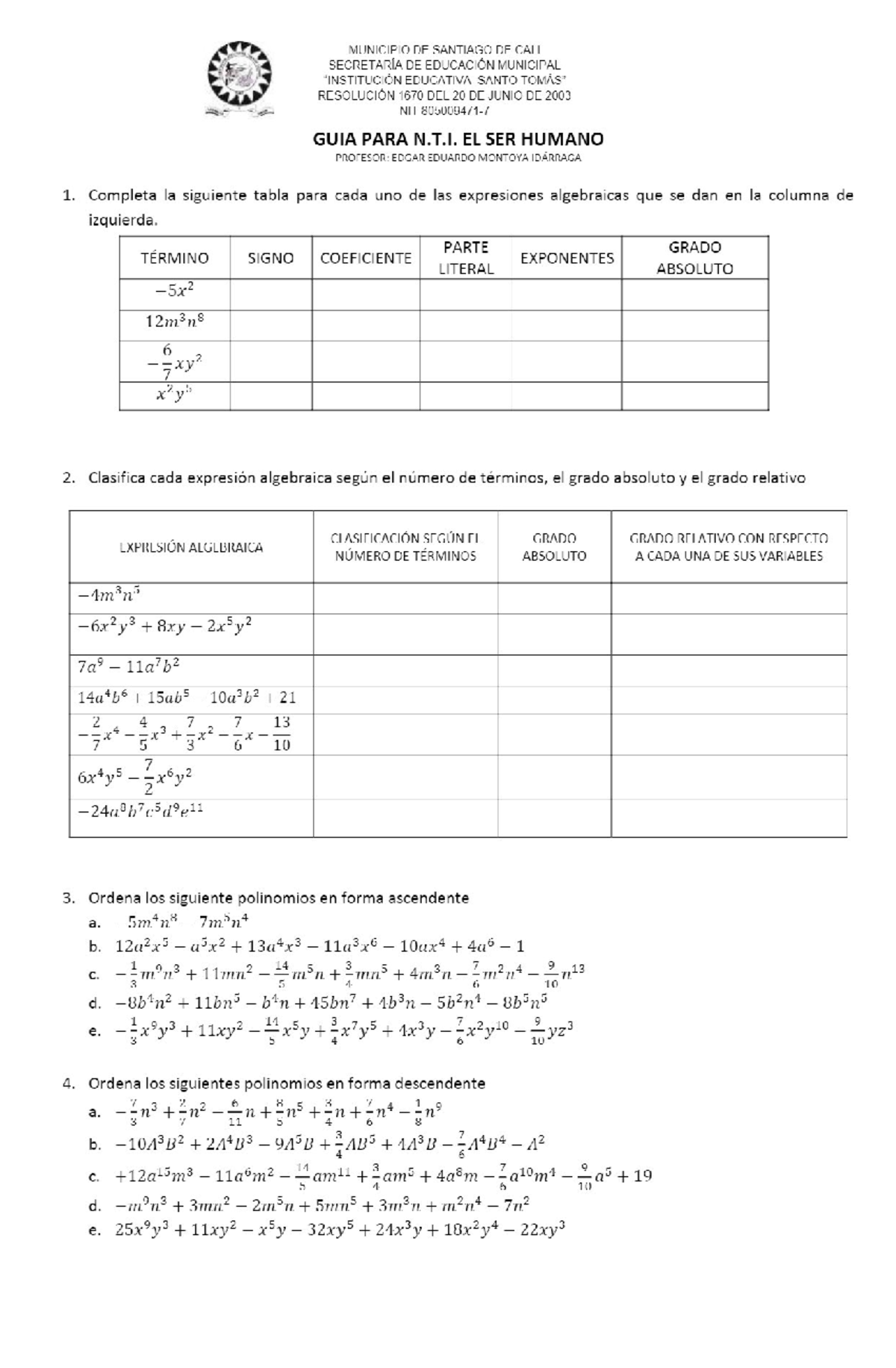 Taller+ Algebra+2012 OBLIGATORIOS - MUNICIPIO DE SANTIAGO DE CALI ...