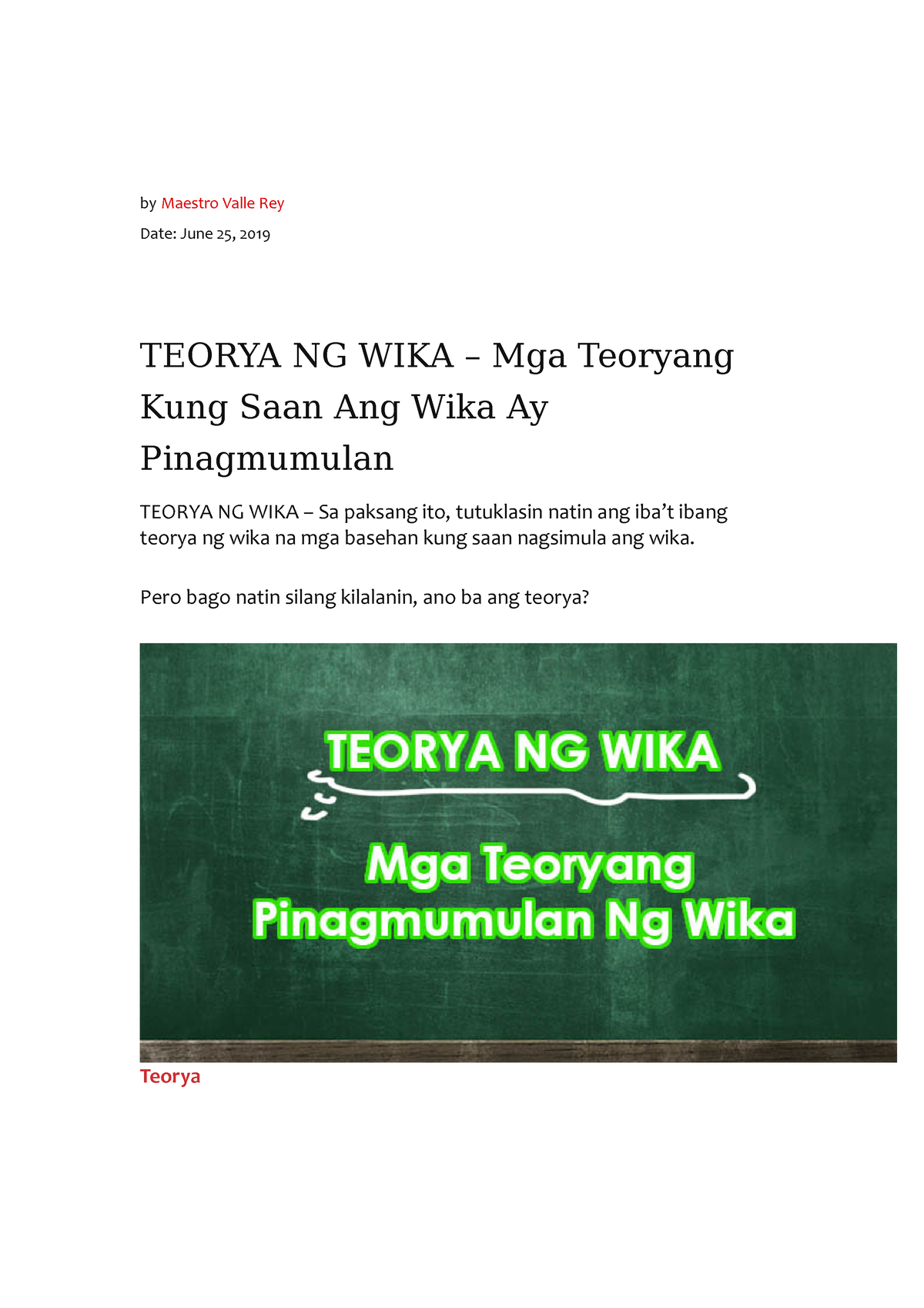 Mga Teoryang Pinagmulan Ng Wika By Maestro Valle Rey Date June 25 2019 Teorya Ng Wika Mga 8334