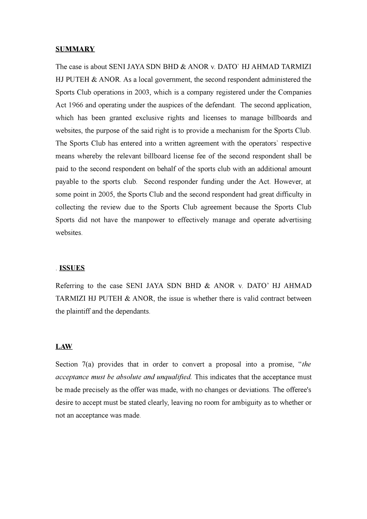 Case Law - Hmmmm - SUMMARY The Case Is About SENI JAYA SDN BHD & ANOR V ...