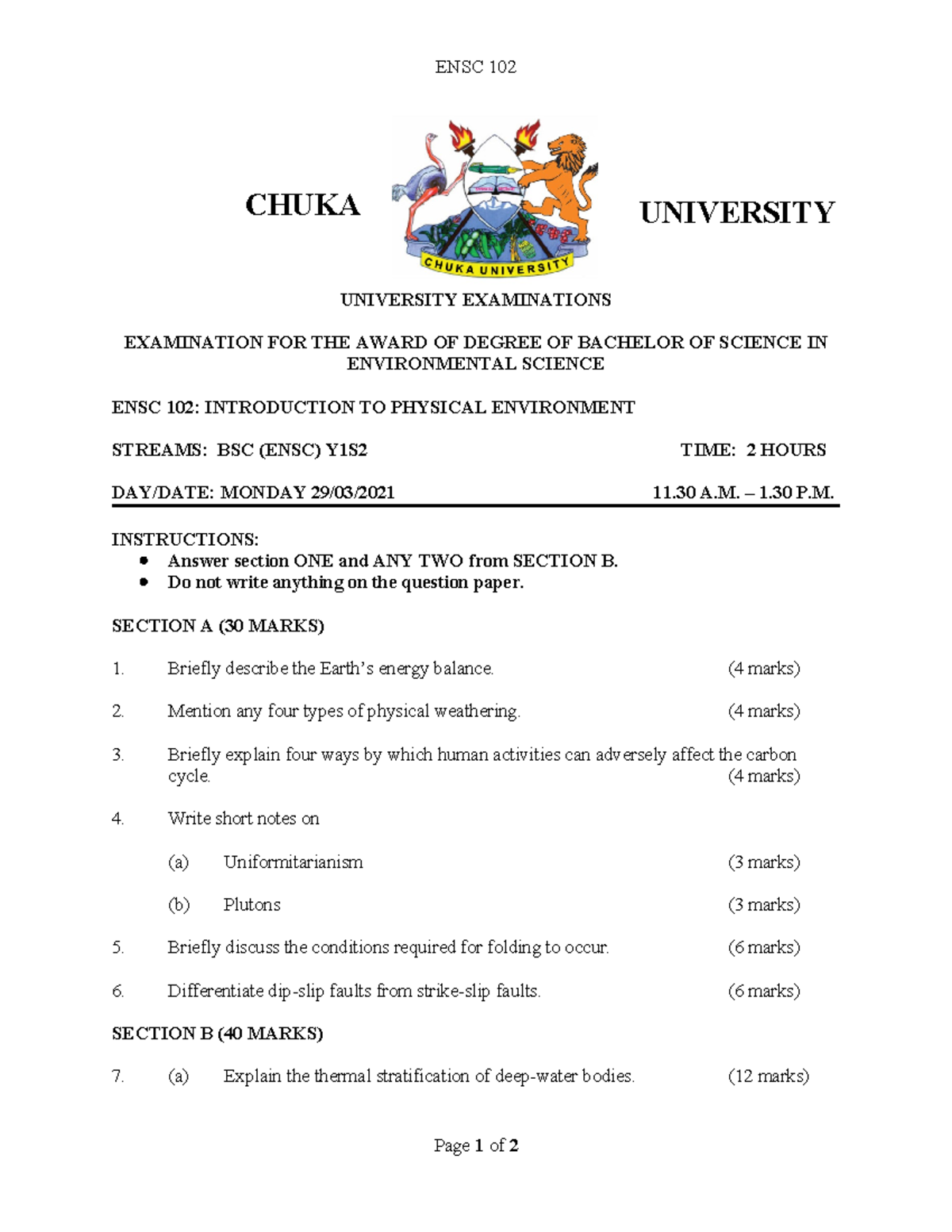 ENSC 102 - for college students - ENSC 102 CHUKA UNIVERSITY UNIVERSITY ...