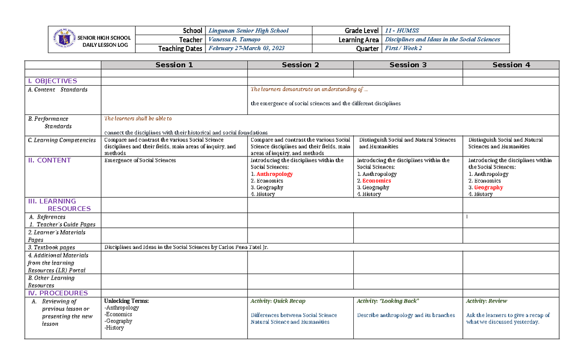 Q3-DISS-W2 - notes - SENIOR HIGH SCHOOL DAILY LESSON LOG School ...