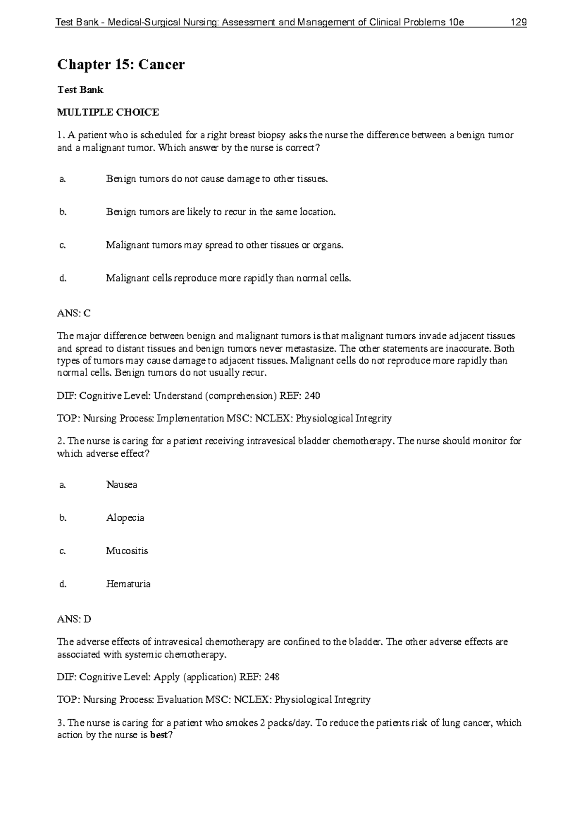 Chapter 15 Cancer - Other - Chapter 15: Cancer Test Bank MULTIPLE ...