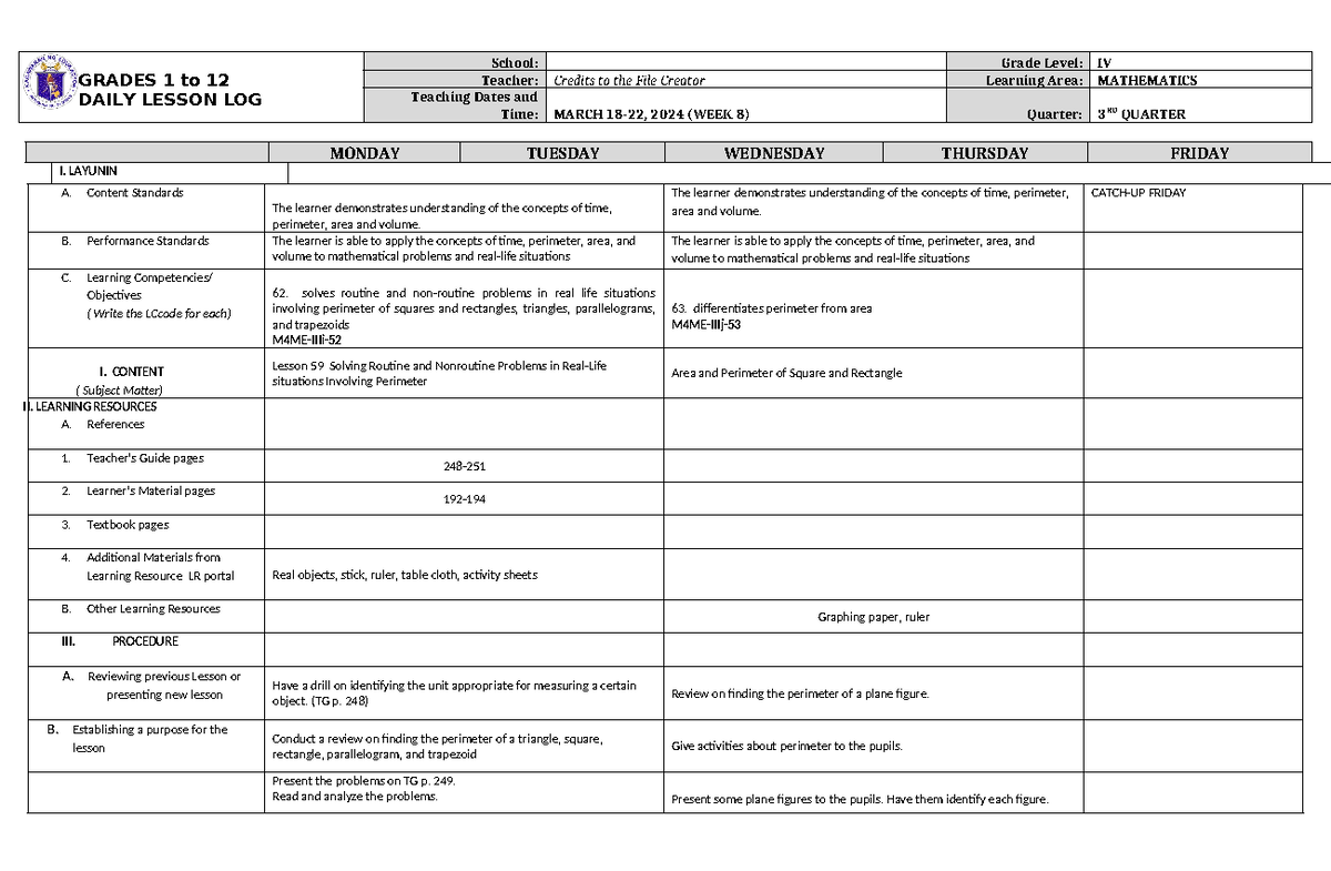 Dll Mathematics 4 Q3 W8 Dll Grades 1 To 12 Daily Lesson Log School Grade Level Iv Teacher 7781