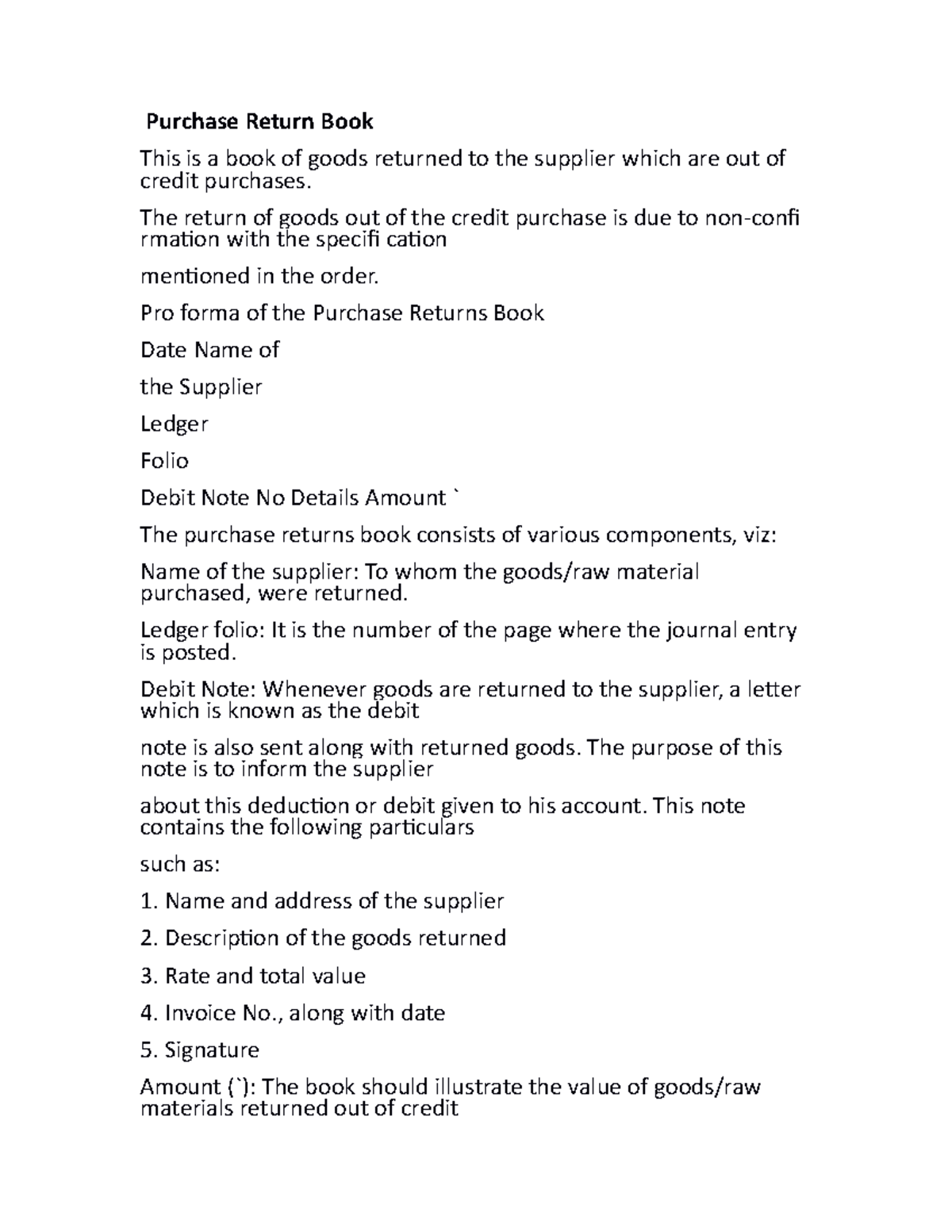 Purchase Return Book notes - Purchase Return Book This is a book of ...