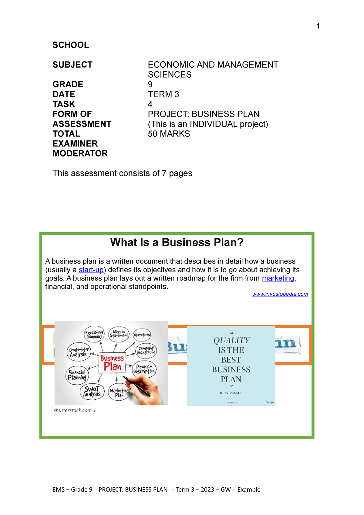 business plan grade 9 term 3 project memorandum