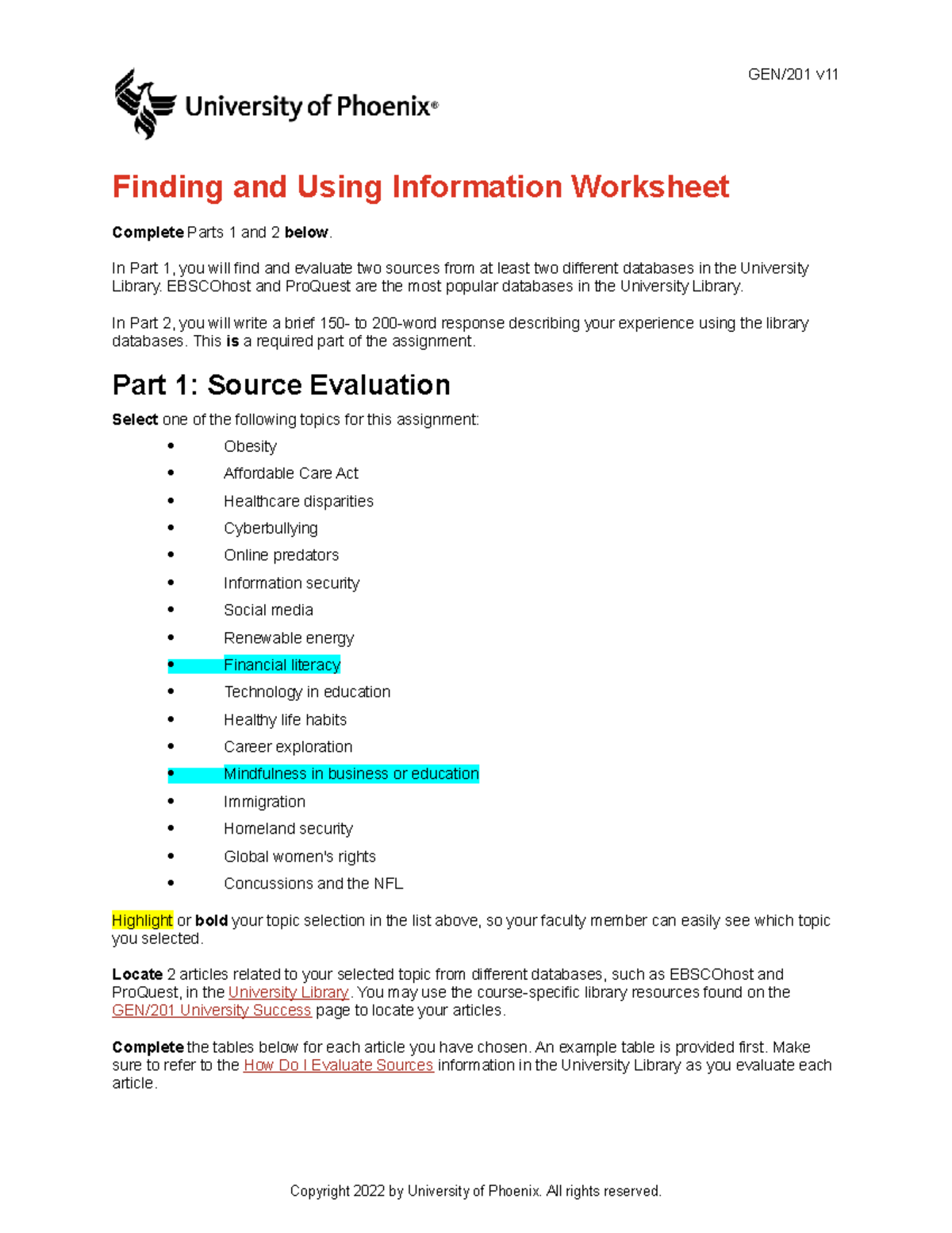 Week 4 Finding and using Information worksheet - GEN/201 v Finding and ...