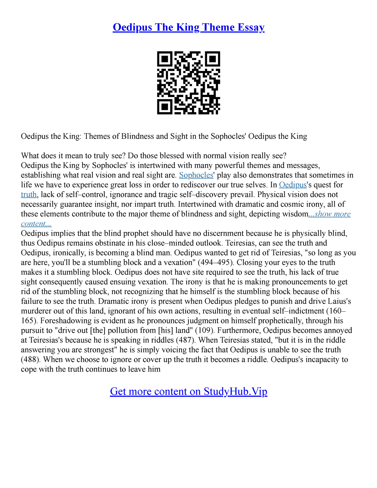 blindness in oedipus the king essay