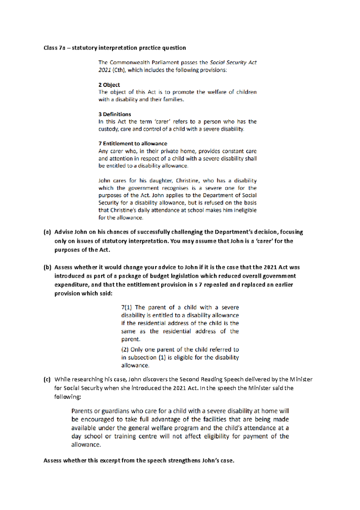 Class 7a Statutory Interpretation Practice Q Class 7a statutory interpretation practice