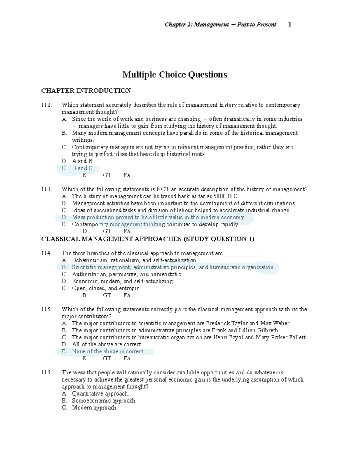 Exam 2014, Questions And Answers - Chapter 2 - Chapter 2: Management Past To Present 1 Multiple ...