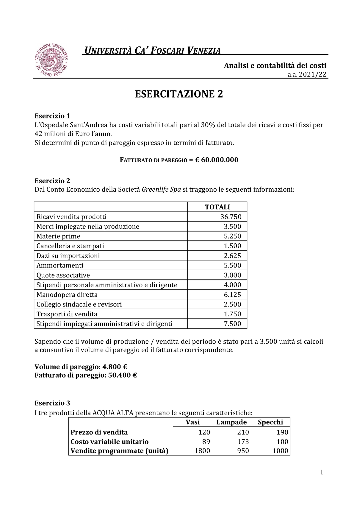 Esercitazione 2 Analisi E Contabilità Dei Costi- Soluzioni ...