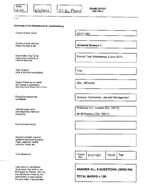 Wits University - Actuarial Science I - Studocu