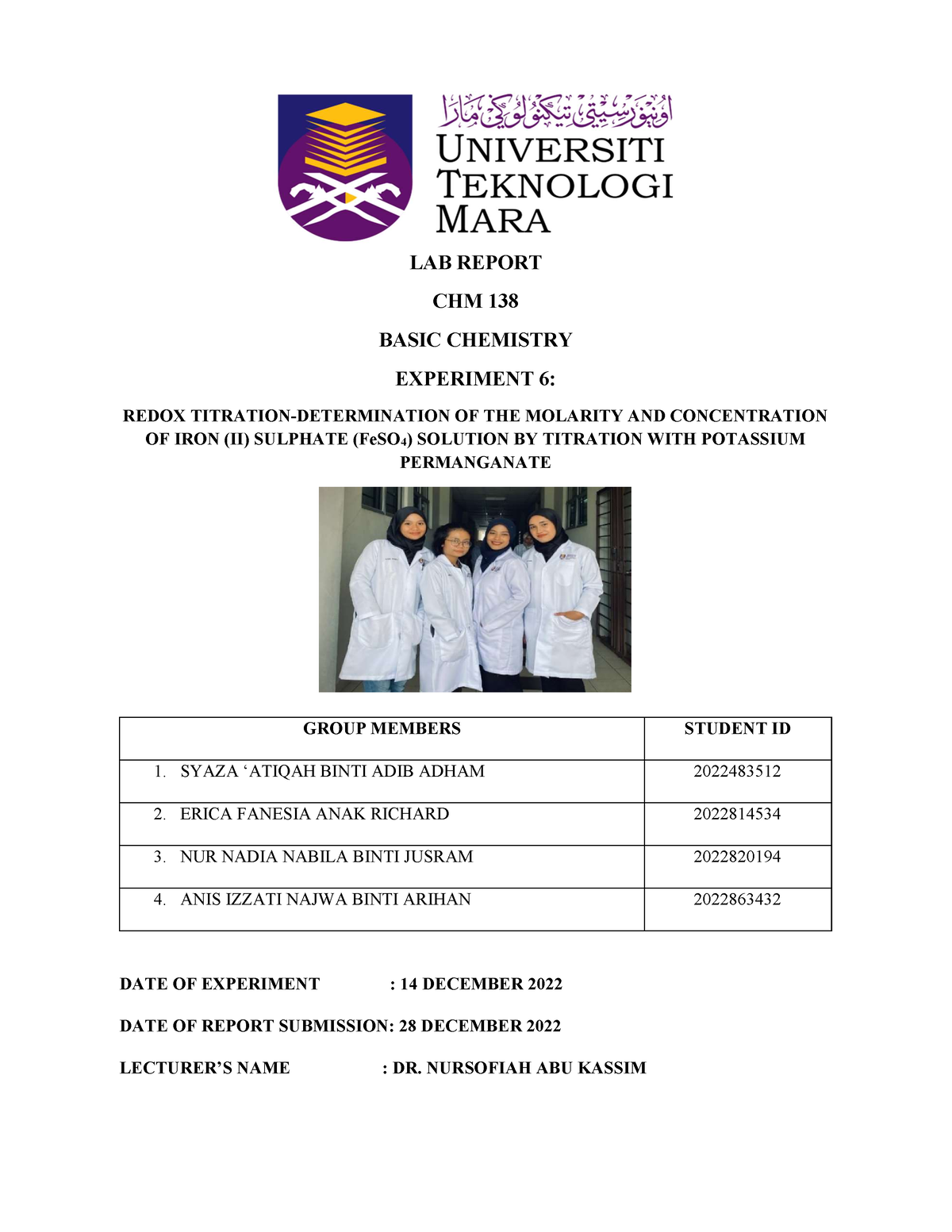 Lab Report CHM138 Experiment 6 - LAB REPORT CHM 138 BASIC CHEMISTRY ...