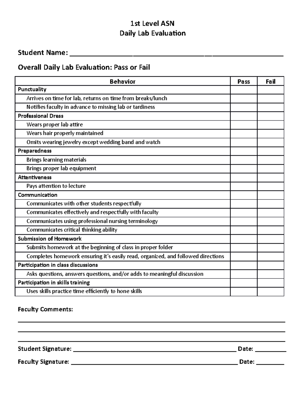 ASN Daily Lab Evaluation - 1st Level ASN Daily Lab Evaluation Student ...