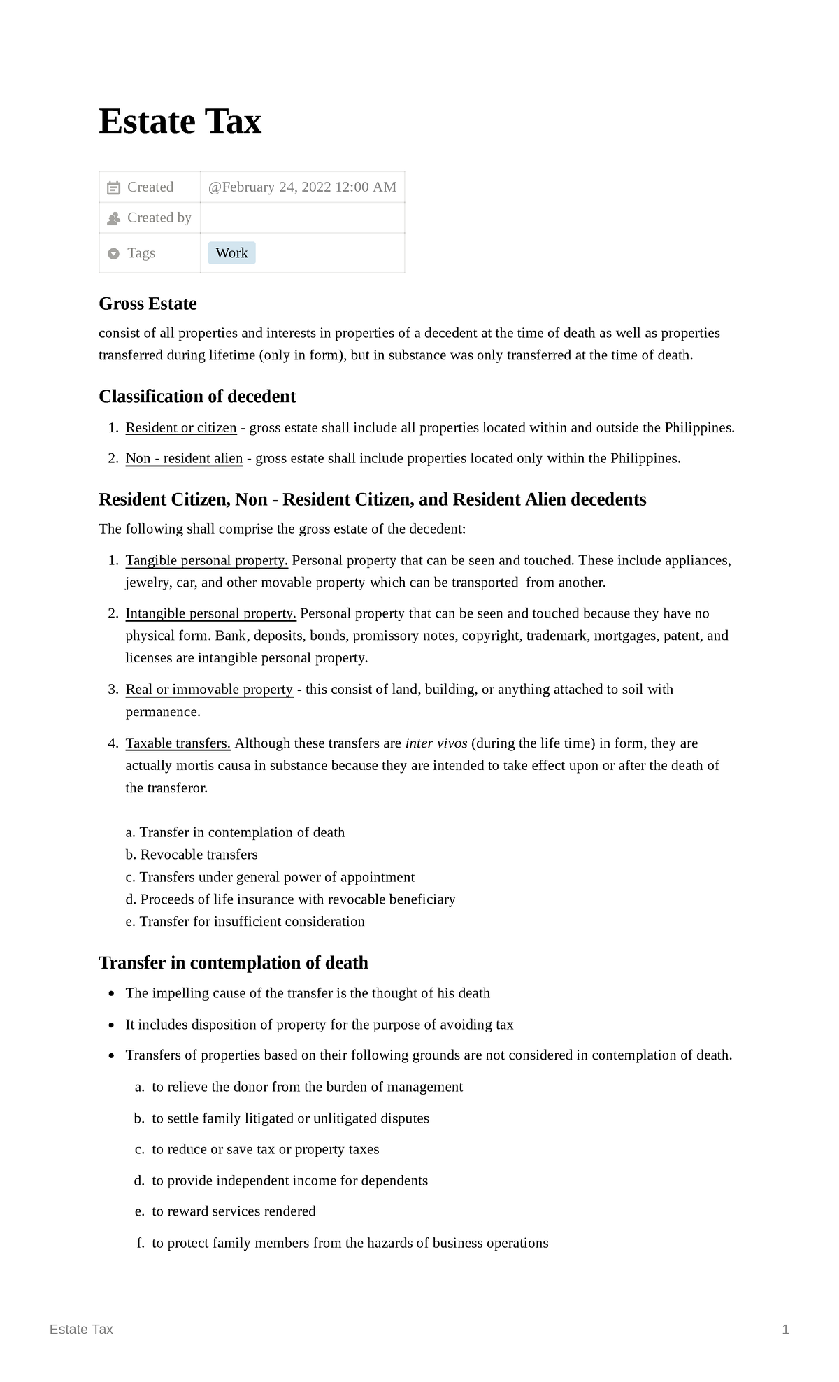 Estate Tax Lecture notes 20 Estate Tax Created Created by Tags Work