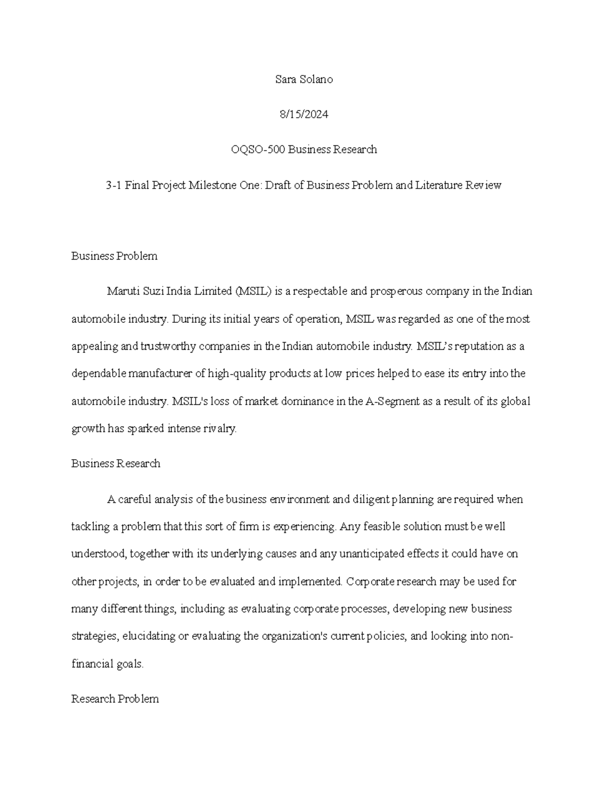 Business Problem and Literature Review - Sara Solano 8/15/ OQSO-500 ...