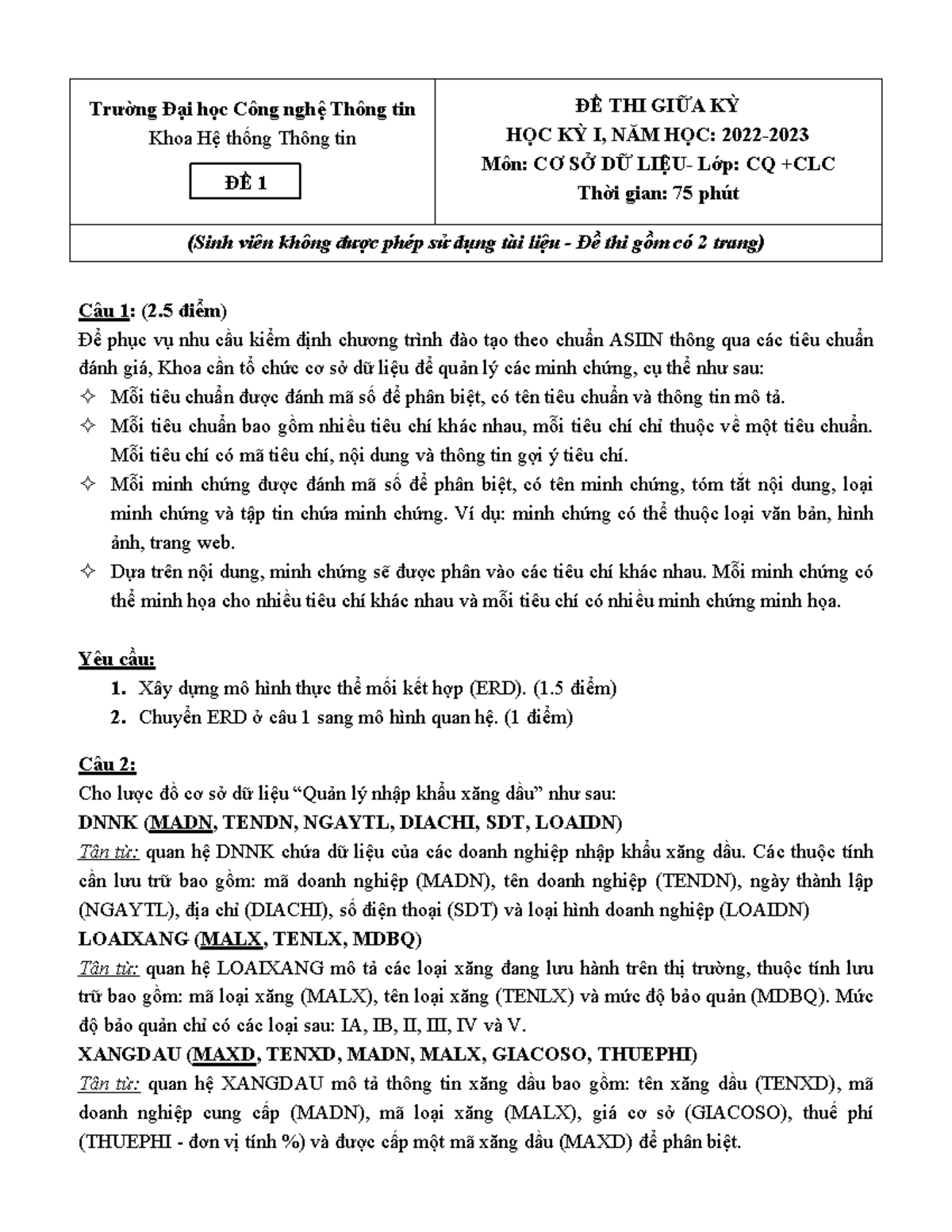 De Thi Giua Ky Csdl Hk1 2022 2023 (ĐỀ 1) - Trường Đại Học Công Nghệ 