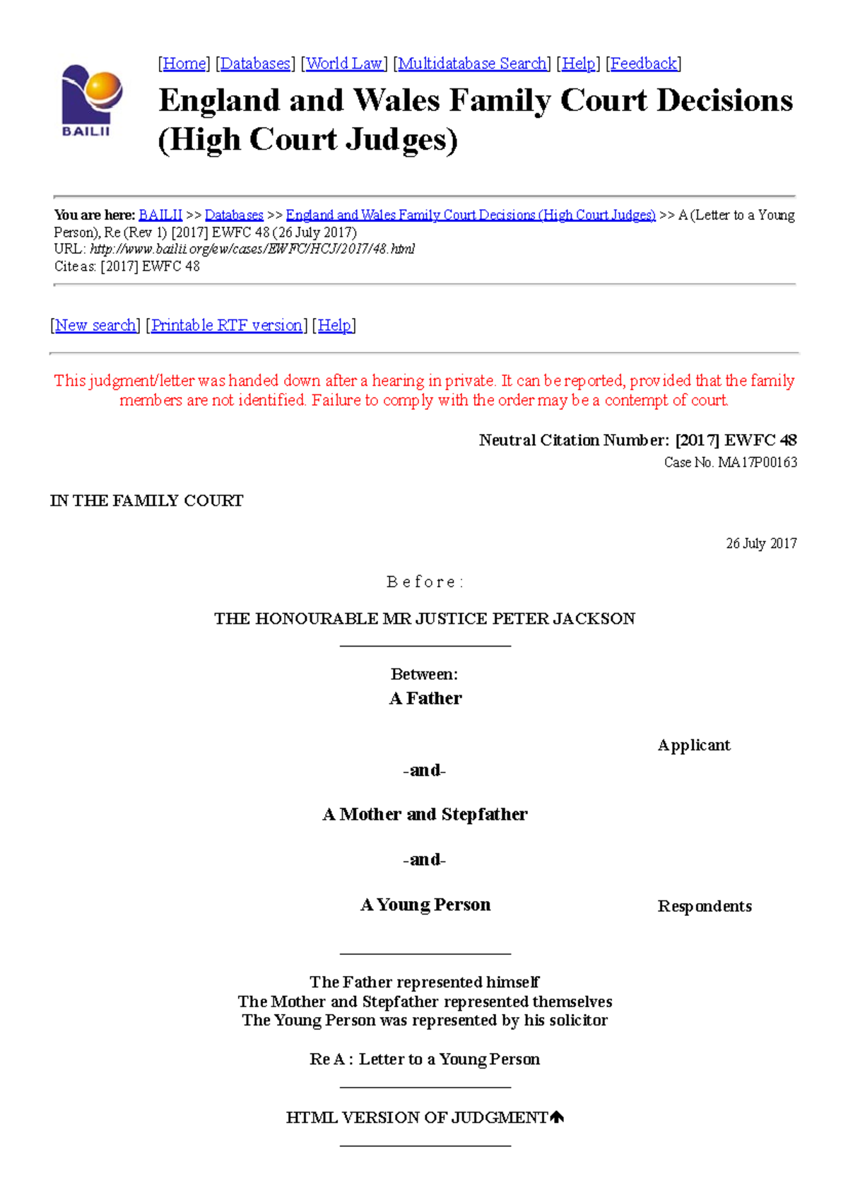 A (Letter to a Young Person), Re (Rev 1) [2017 ] EWFC 48 (26 July 2017