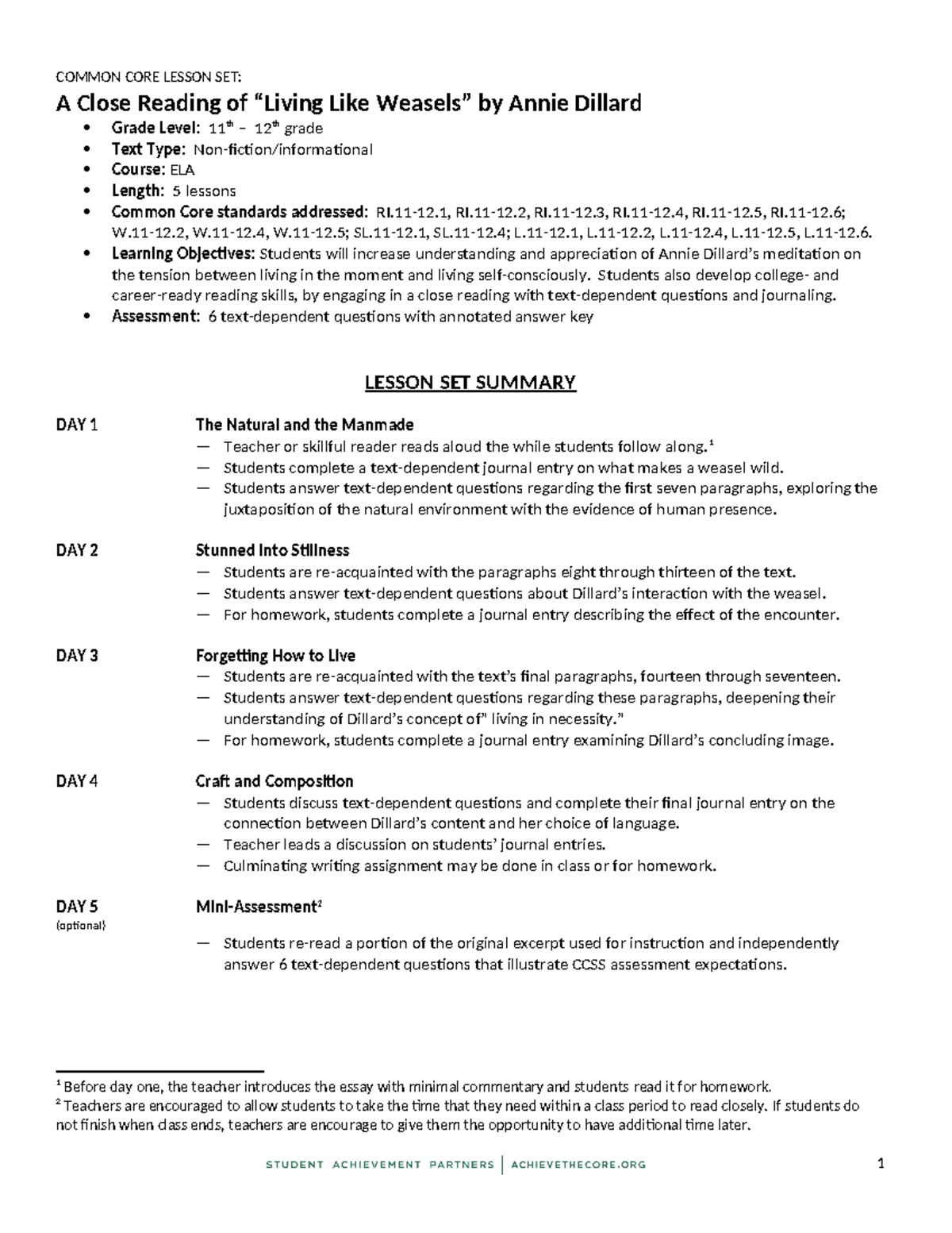 Living Like Weasels - Lesson - COMMON CORE LESSON SET: A Close Reading ...