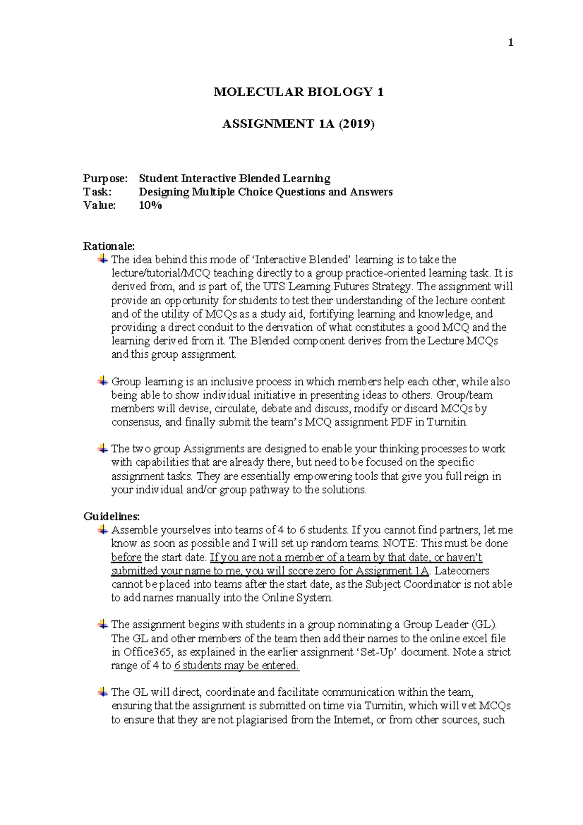 Assignment 1A Guidelines Task 2019 1 MOLECULAR BIOLOGY 1 ASSIGNMENT