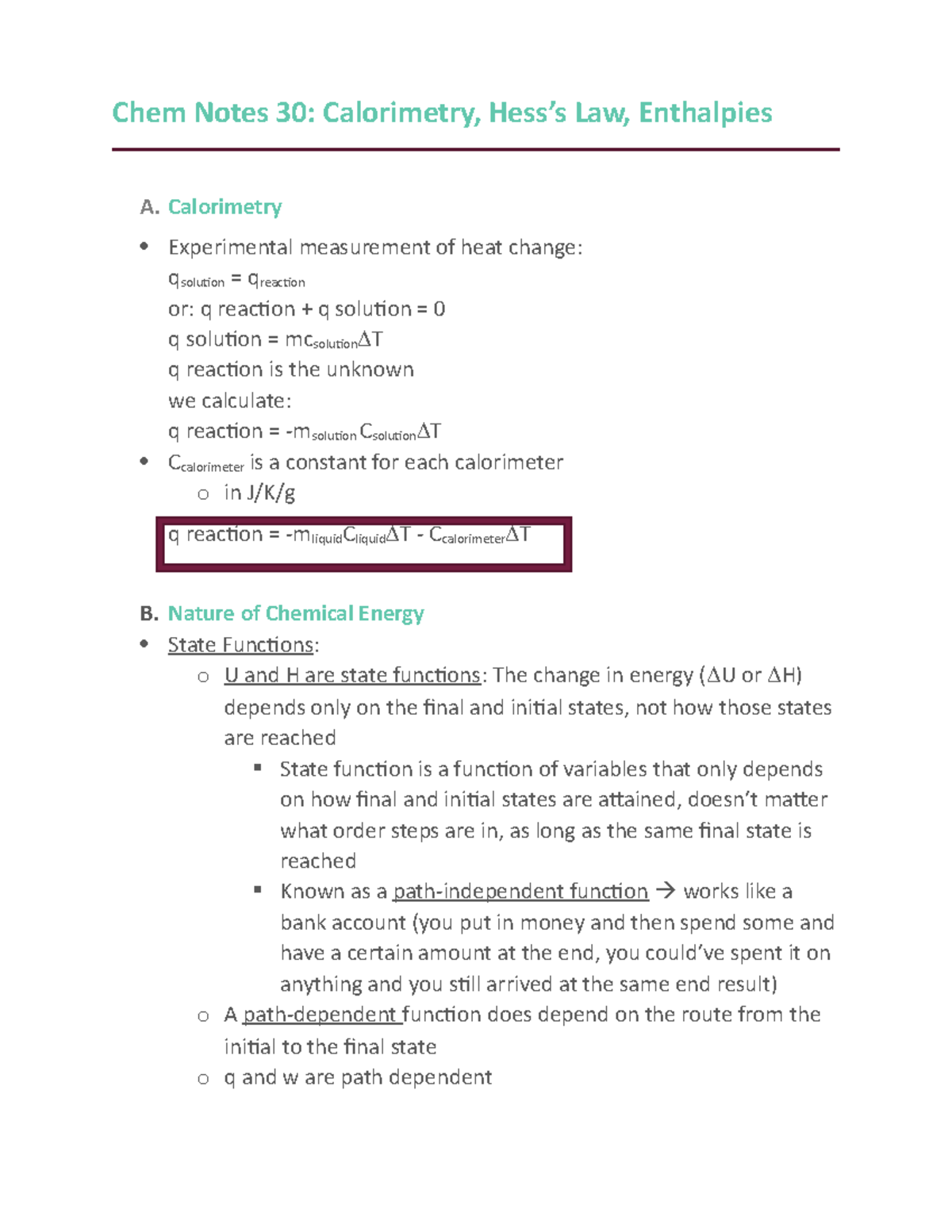 lecture notes calorimetry hess law enthalpy hilty Chem Notes 30