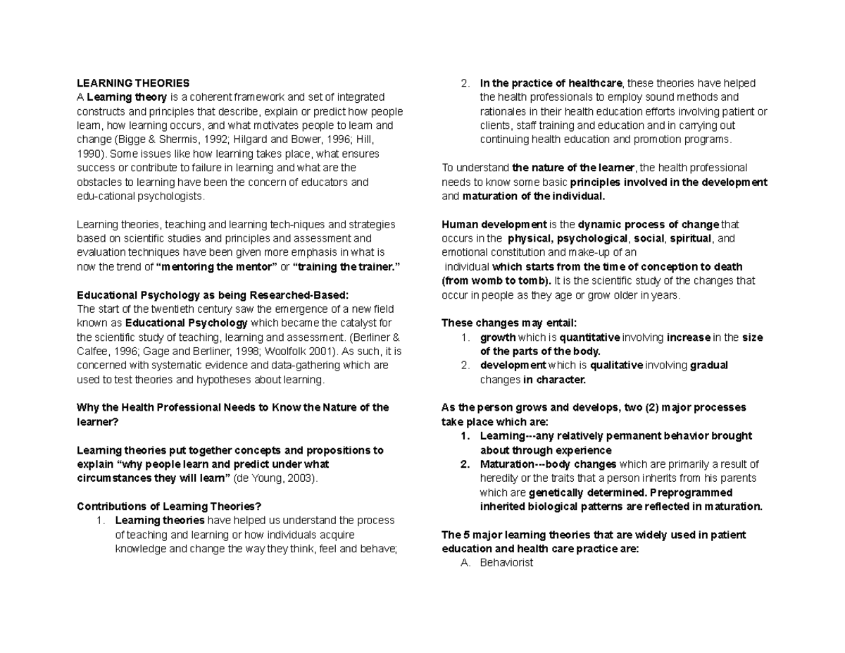 NCM 102 Finals Notes - Hope it helps you - LEARNING THEORIES A Learning ...