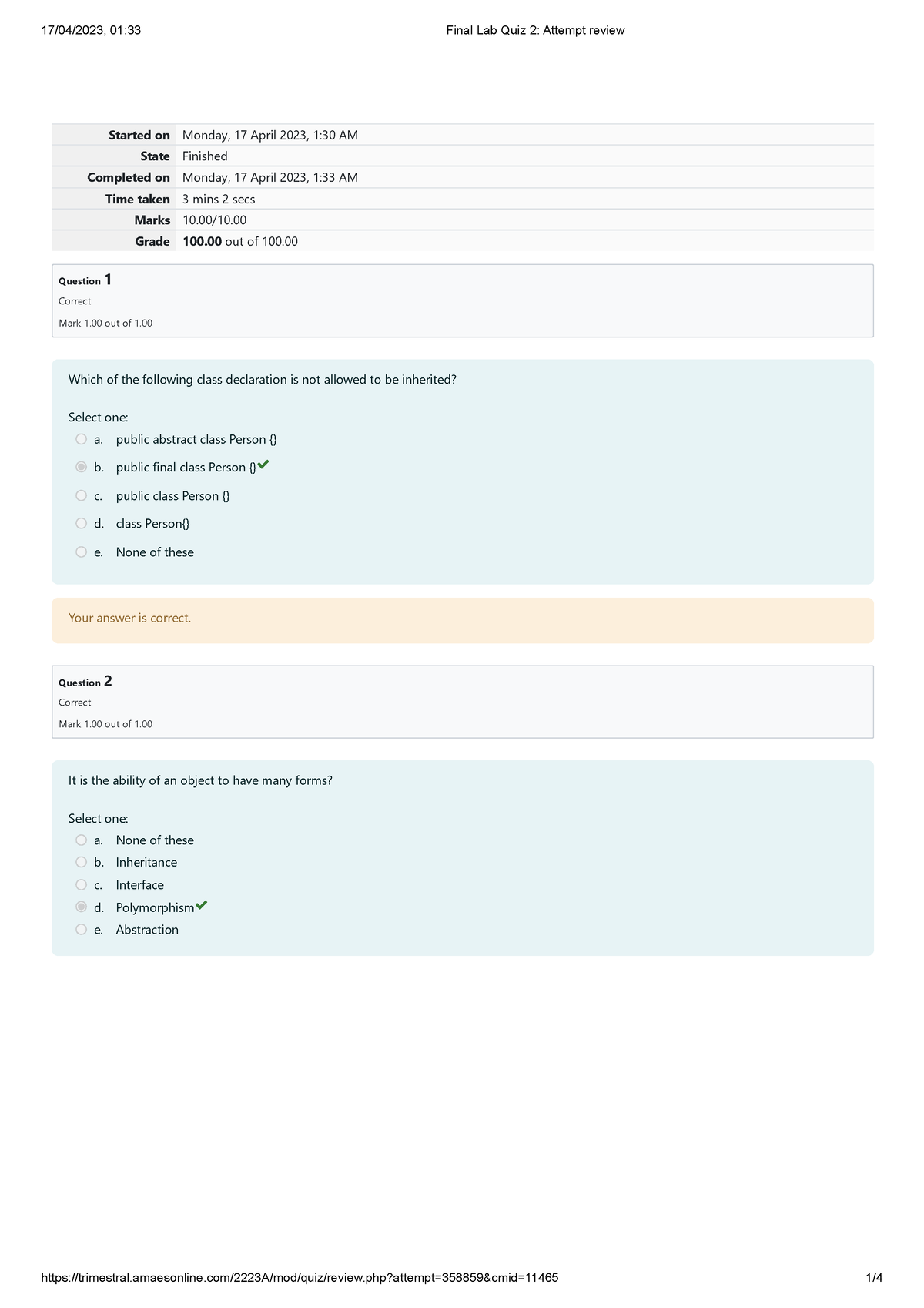 Final Lab Quiz 2 Attempt review - Started on Monday, 17 April 2023, 1: ...