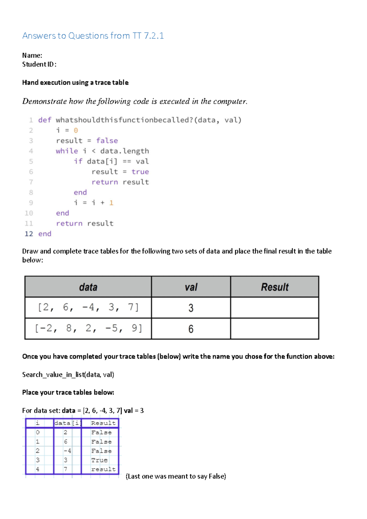 Tutorial Task - Hand execution - Array Search - Answers to Questions ...