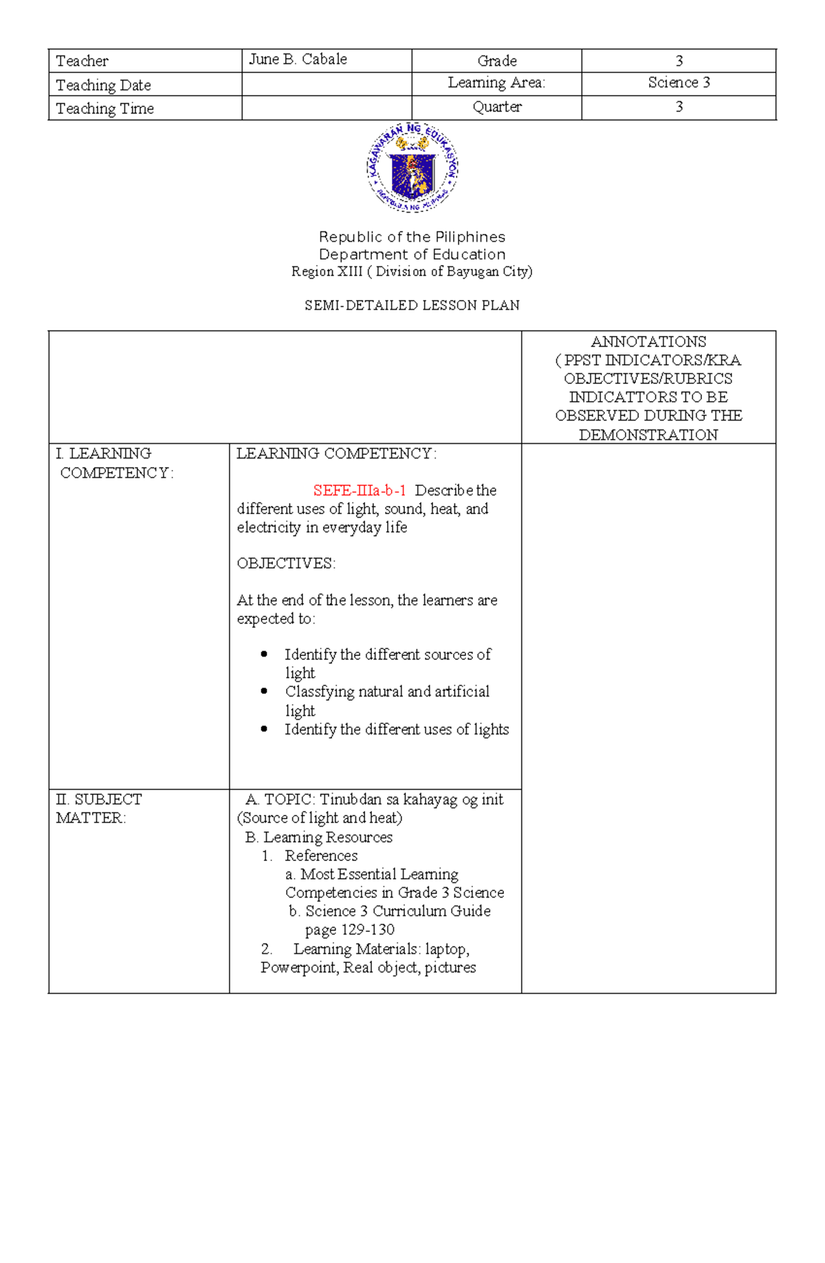 Demo-lesson-plan - N/a - Teacher June B. Cabale Grade 3 Teaching Date ...
