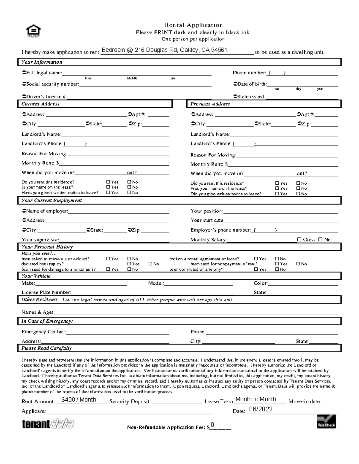 Aileen Rent Application - Rental Application Please PRINT dark and ...