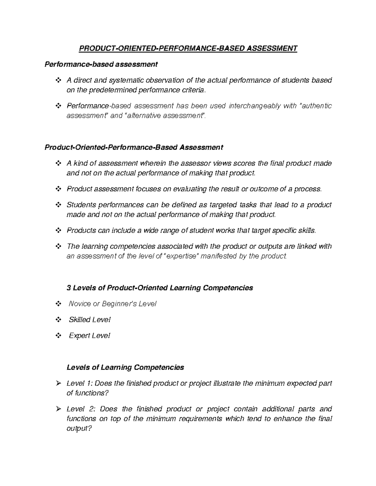 Product Oriented Performance Based Assessment Example