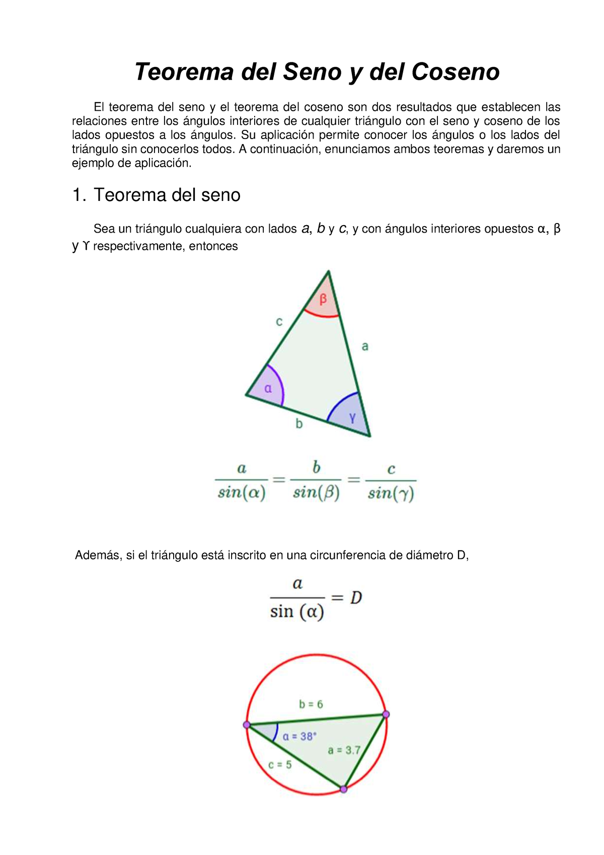 Teorema Del Seno Y Del Coseno Su Aplicación Permite Conocer Los ángulos O Los Lados Del 