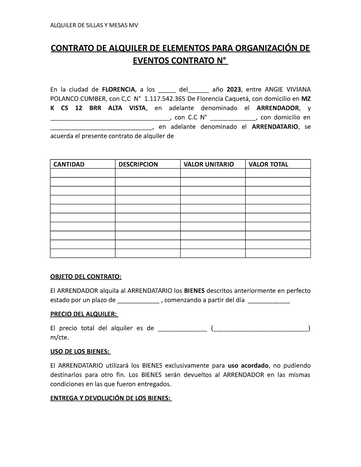 Contrato Alquiler De Sillas Y Mesas Mv Alquiler De Sillas Y Mesas Mv Contrato De Alquiler De 4685