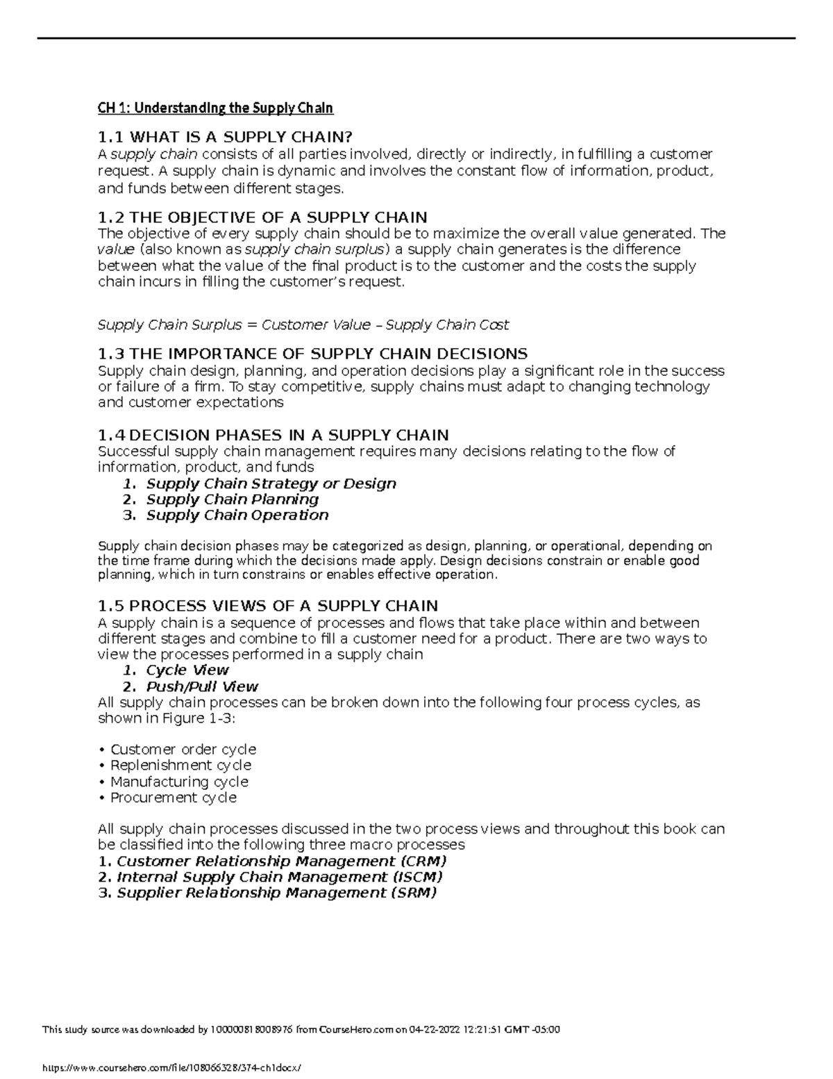 374 ch1 - Scom 374 chapter 1 - CH 1: Understanding the Supply Chain 1 ...