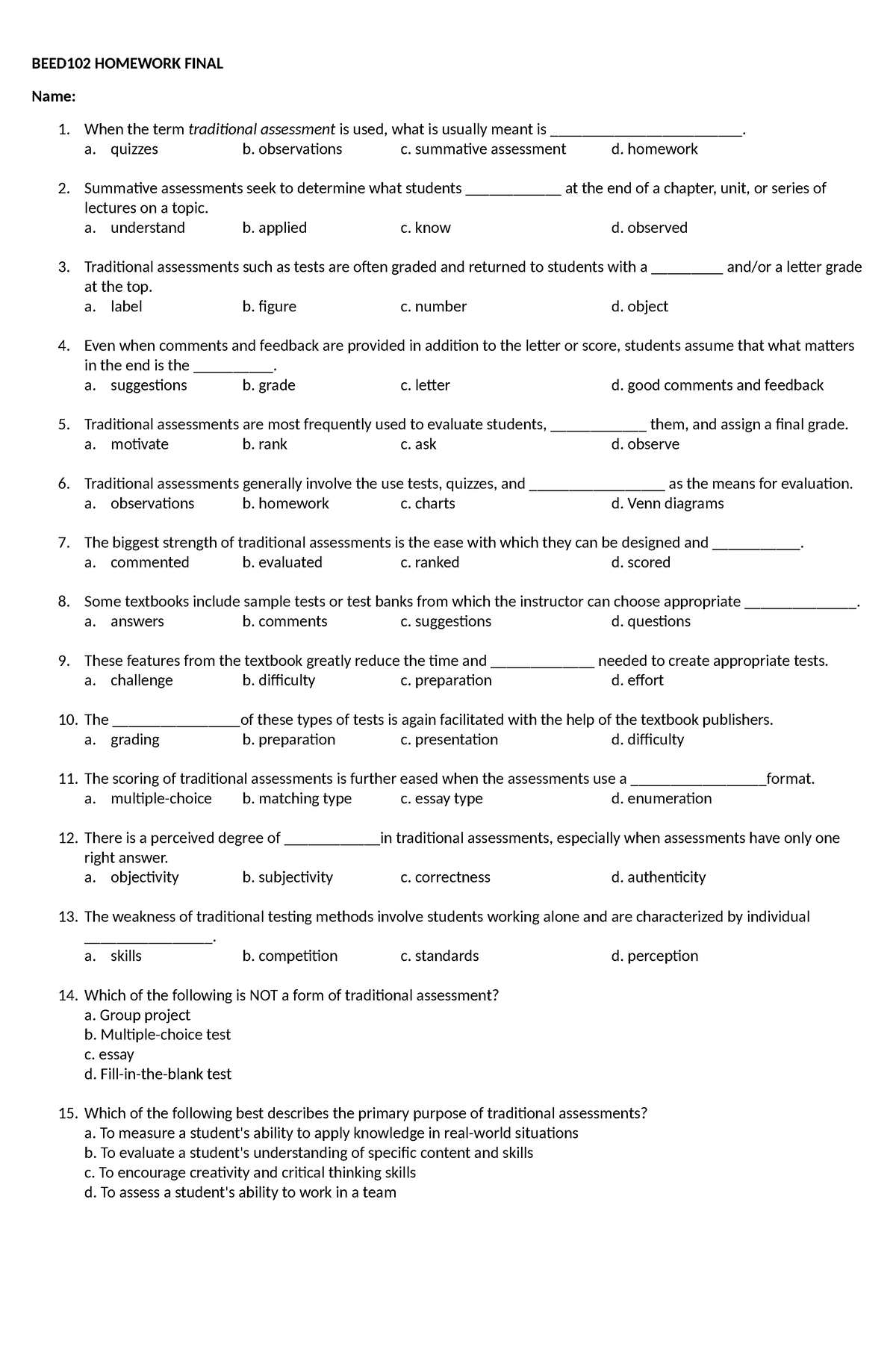 math homework quiz