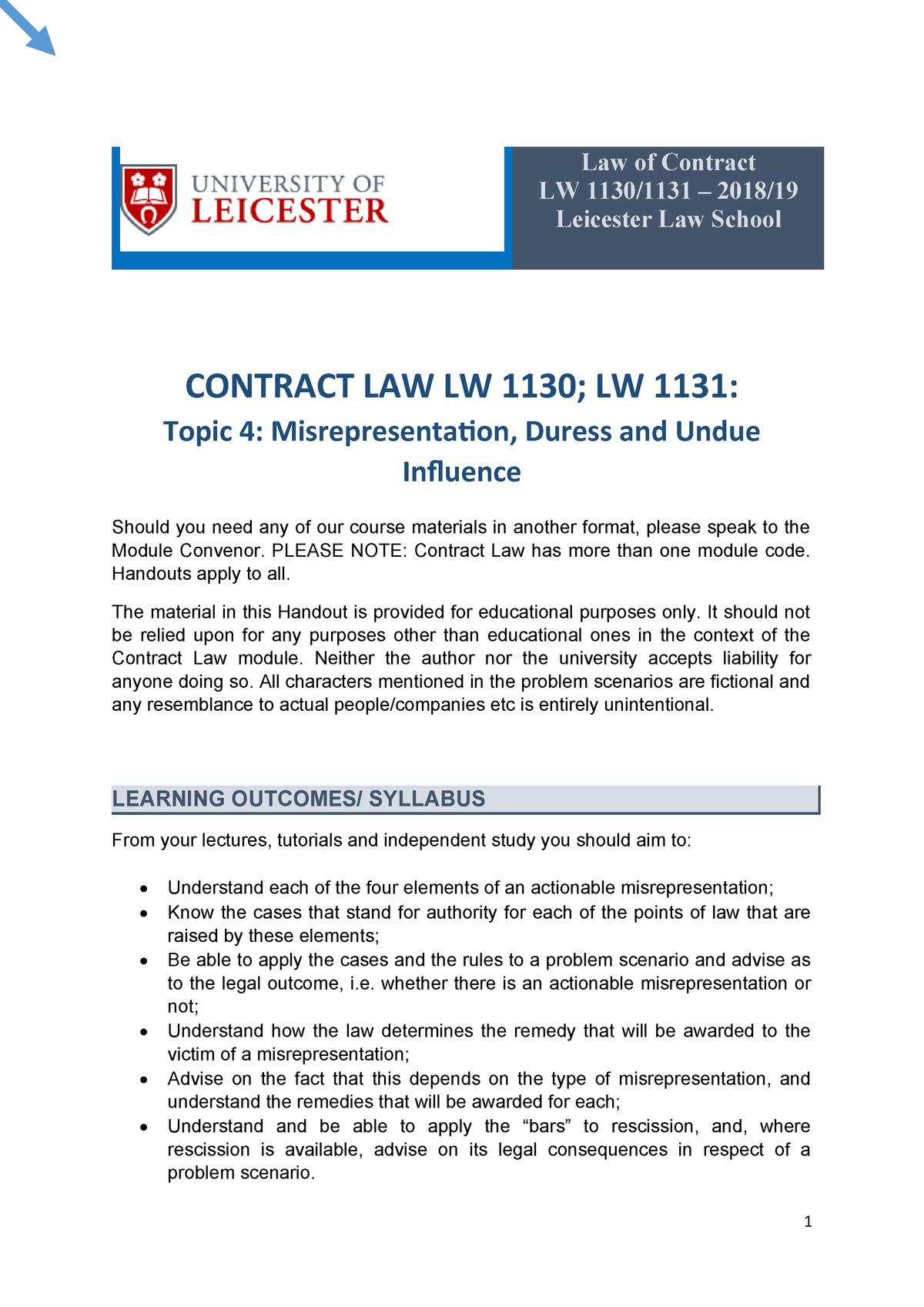 Contract Law 2018-19 4. Misrepresentation, Duress And Undue Influence ...