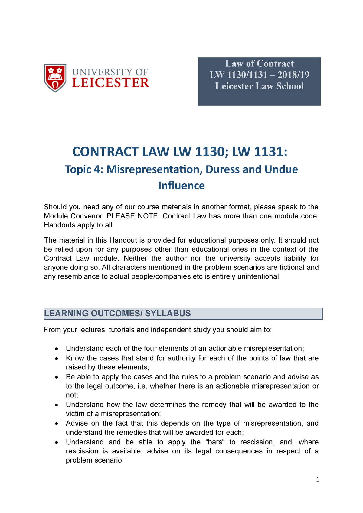 Contract Law 2018-19 4. Misrepresentation, Duress And Undue Influence ...