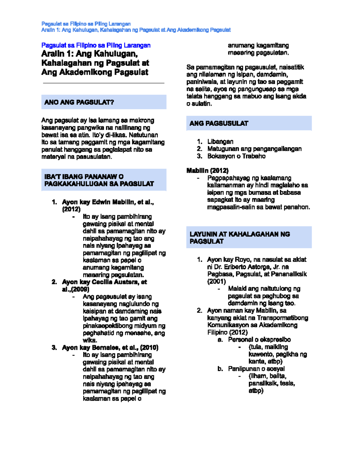 Pagsulat sa Filipino Aralin 1 - Studocu