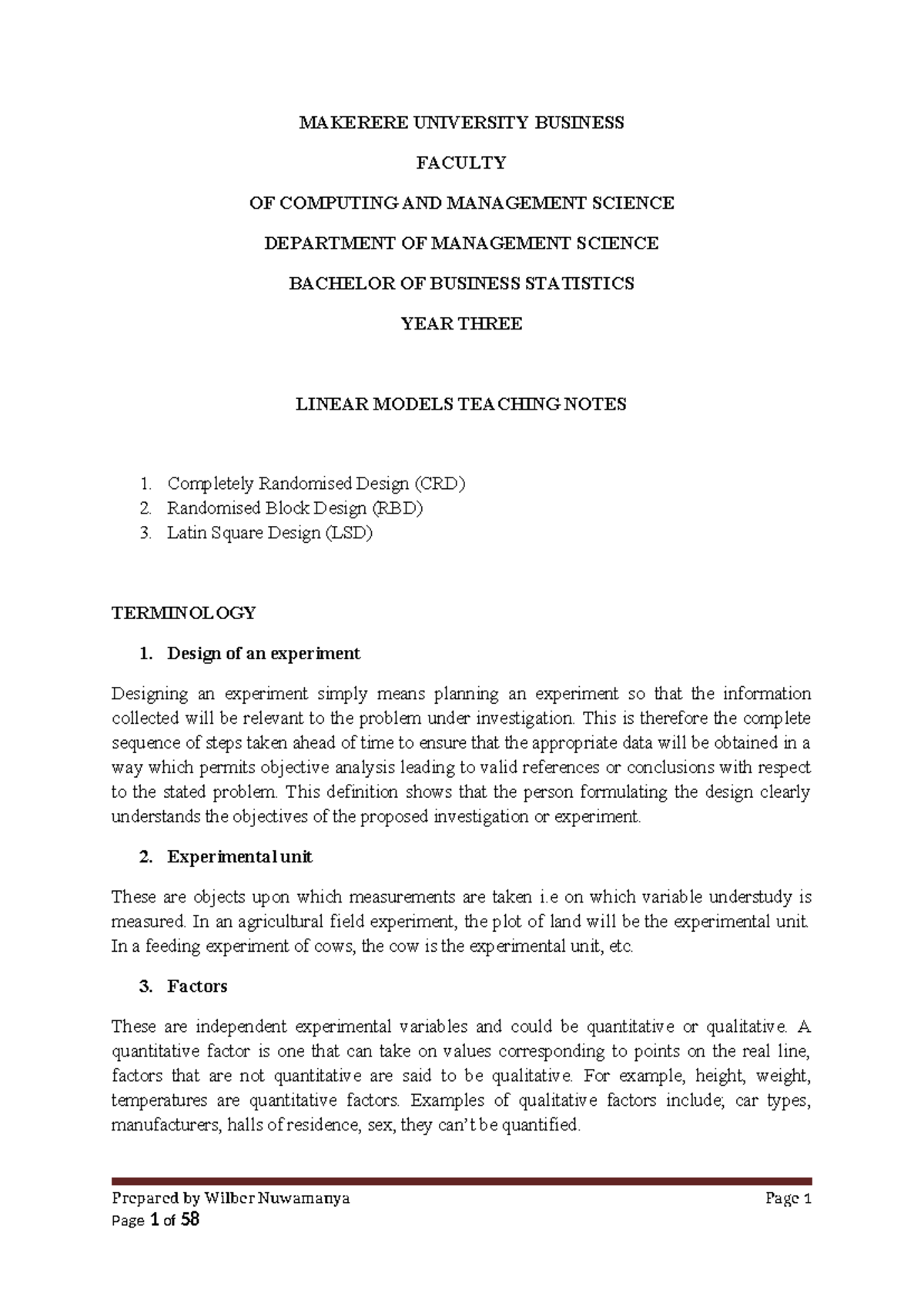 Linear models notes - MAKERERE UNIVERSITY BUSINESS FACULTY OF COMPUTING ...