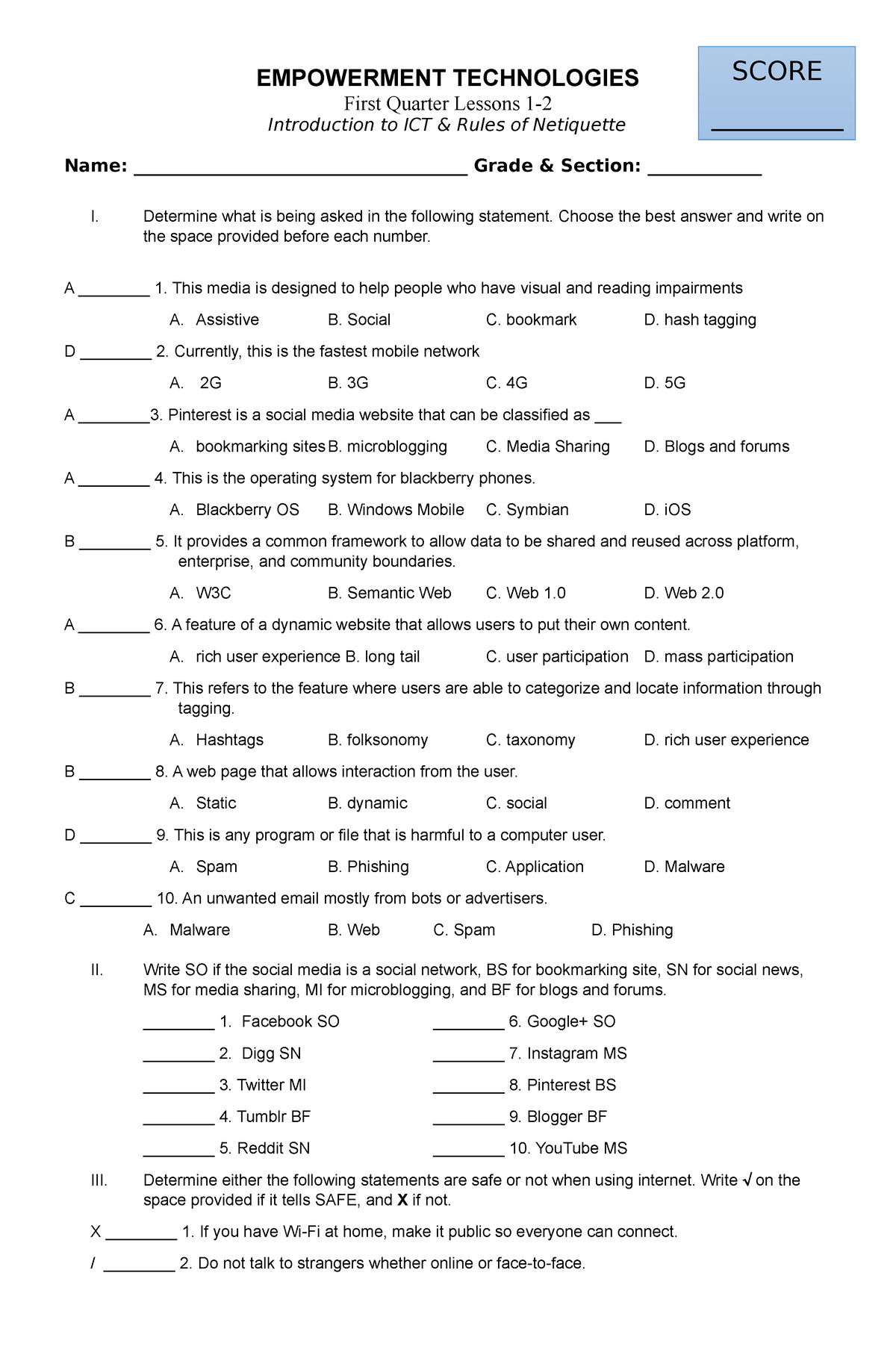 Quiz Lesson 1-2 - Netiquette - EMPOWERMENT TECHNOLOGIES First Quarter ...