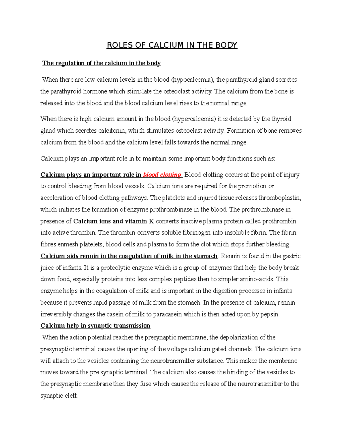 Roles OF Calcium in the Human Body - ROLES OF CALCIUM IN THE BODY The ...