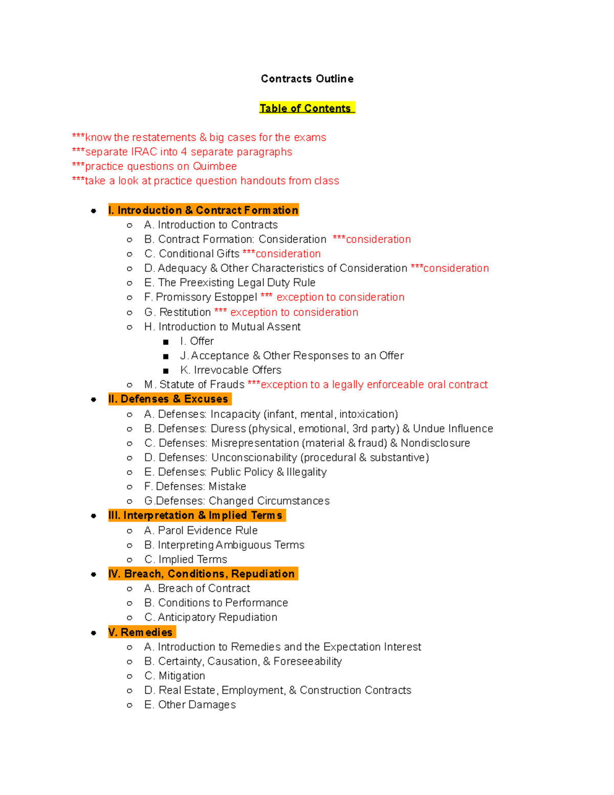 Contracts Outline - Lecture Notes - Contracts Outline Table of Contents ...