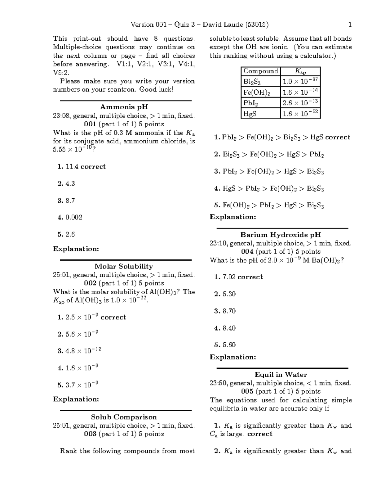 Practice Quiz - Lecture Notes 14 - Version 001 – Quiz 3 – David Laude 