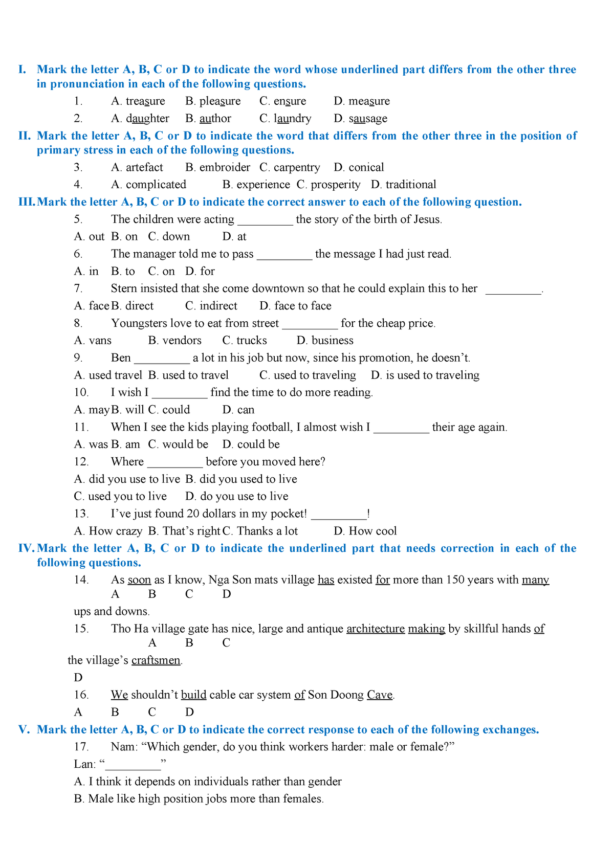 A5 - Hihi - I. Mark The Letter A, B, C Or D To Indicate The Word Whose ...