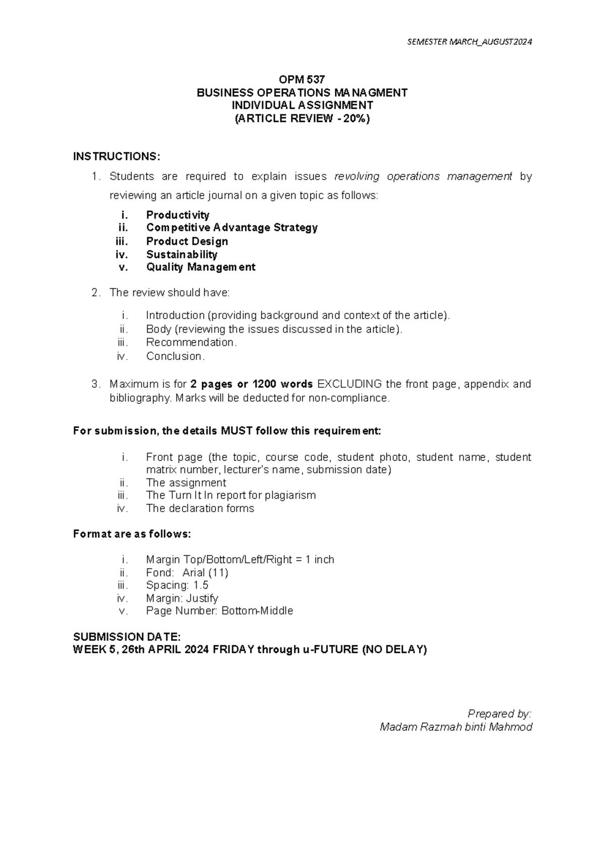 OPM 537 Individual Assignment - SEMESTER MARCH_AUGUST2 024 OPM 53 7 ...