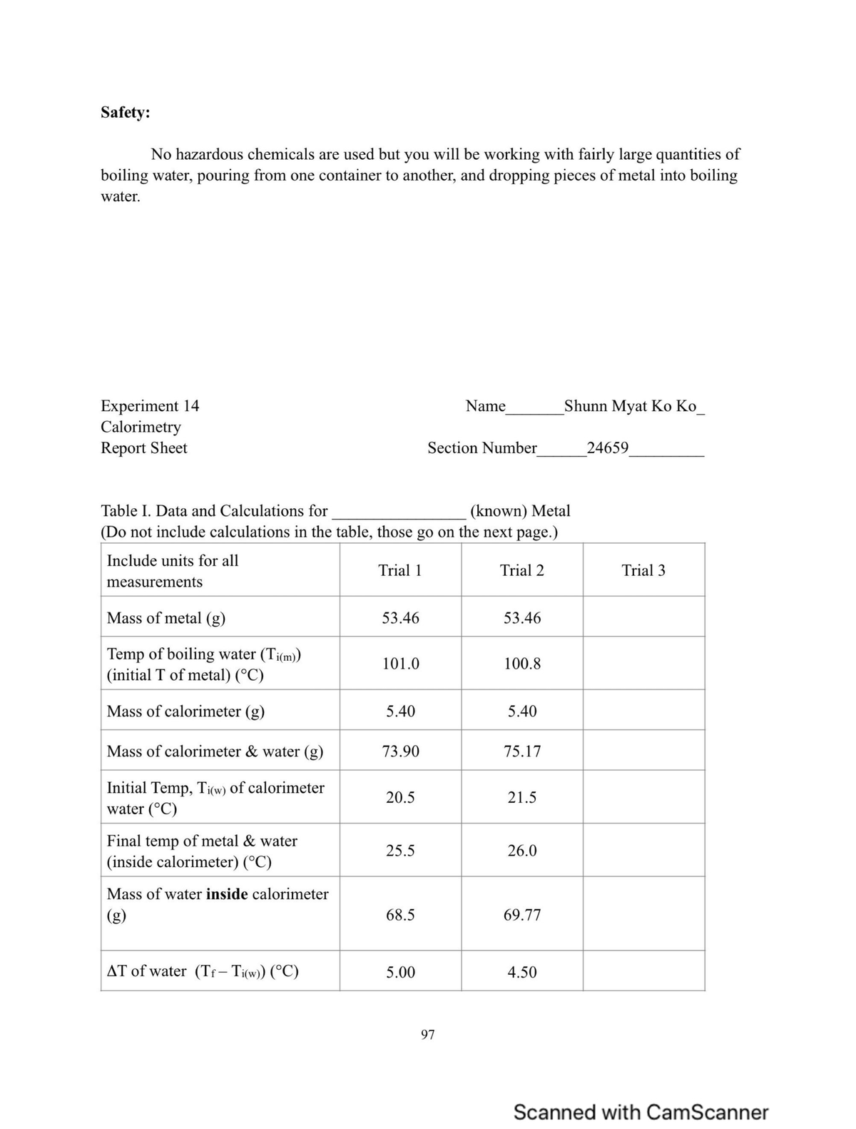 Exp 14 lab report calorimetry CHEM 060 Studocu