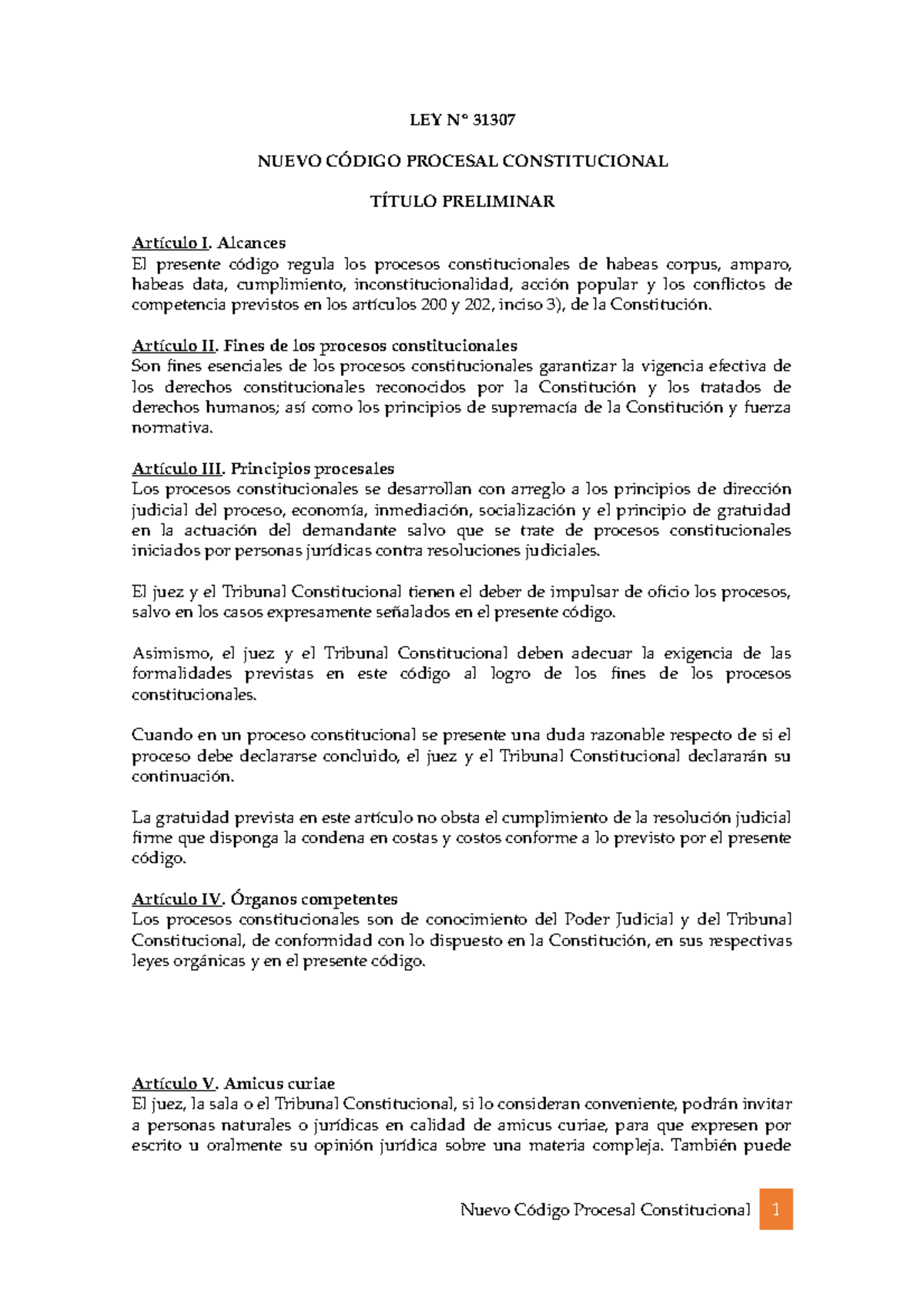 Nuevo Código Procesal Constitucional - LEY Nº 31307 NUEVO CÓDIGO ...