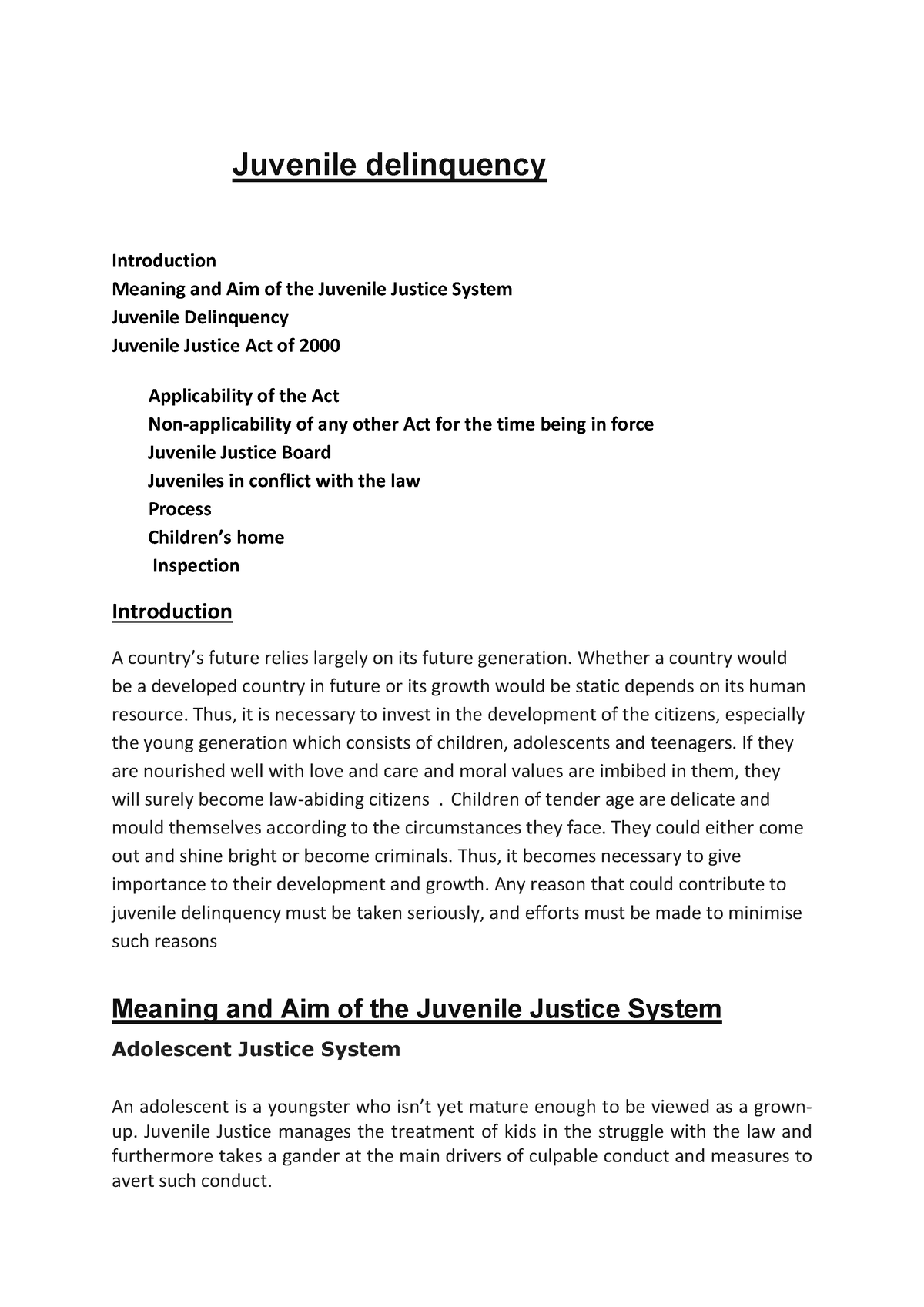 Juvenile Delinquency - Notes - Juvenile Delinquency Introduction ...