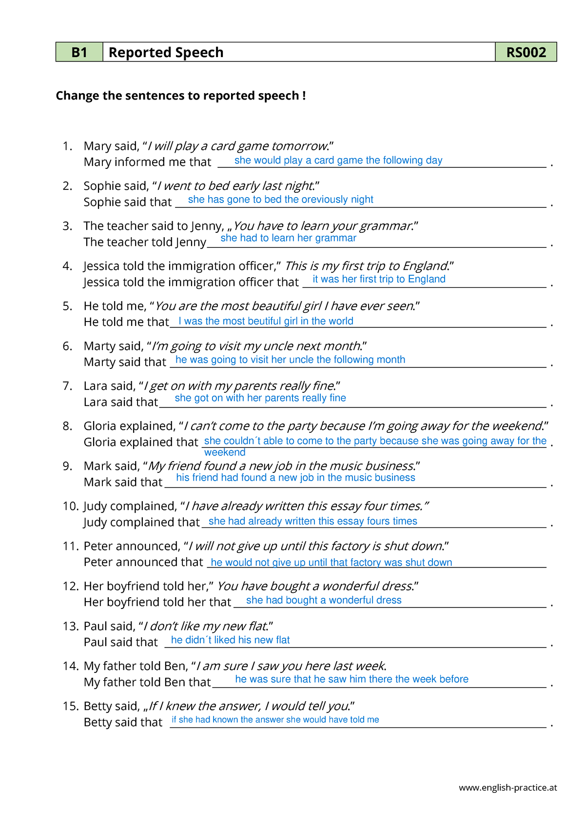 reported speech english exercises pdf